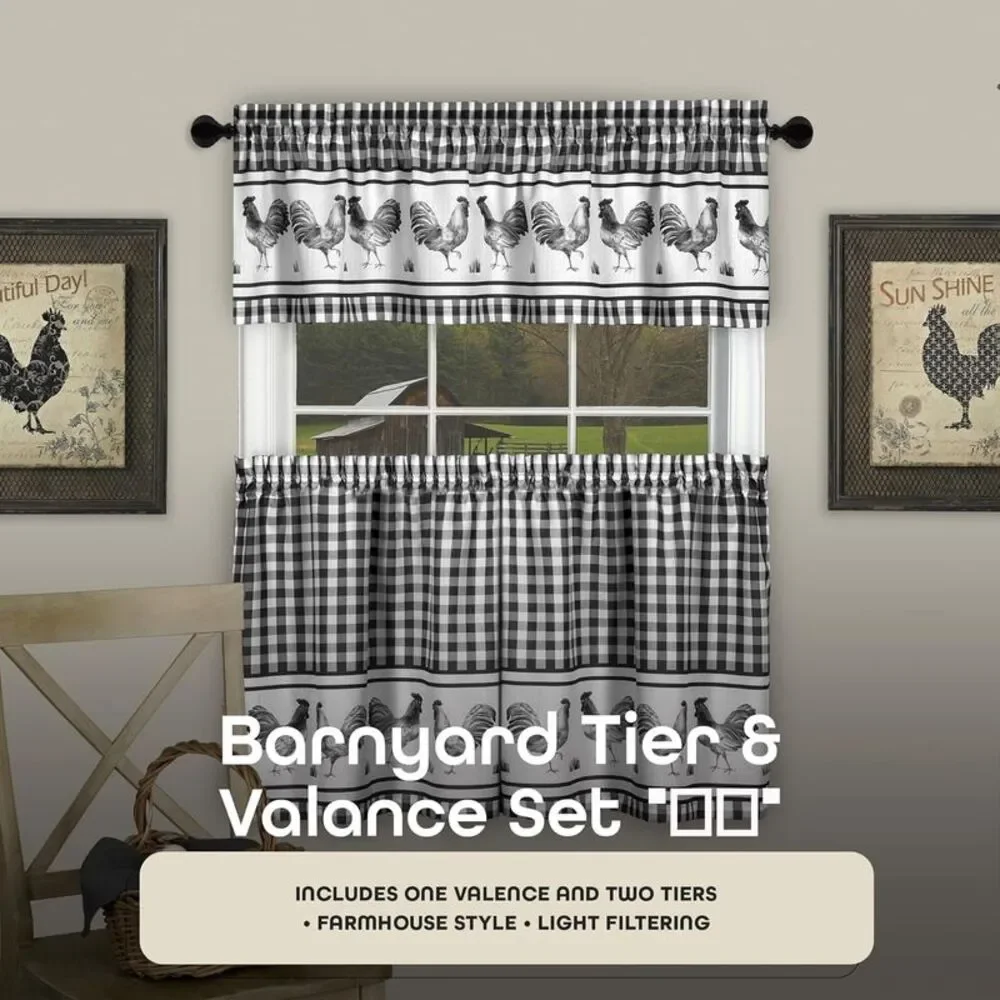 PowerSellerUSA 3 Piece Kitchen Curtain Set, Gingham Tier Pair and Valance,